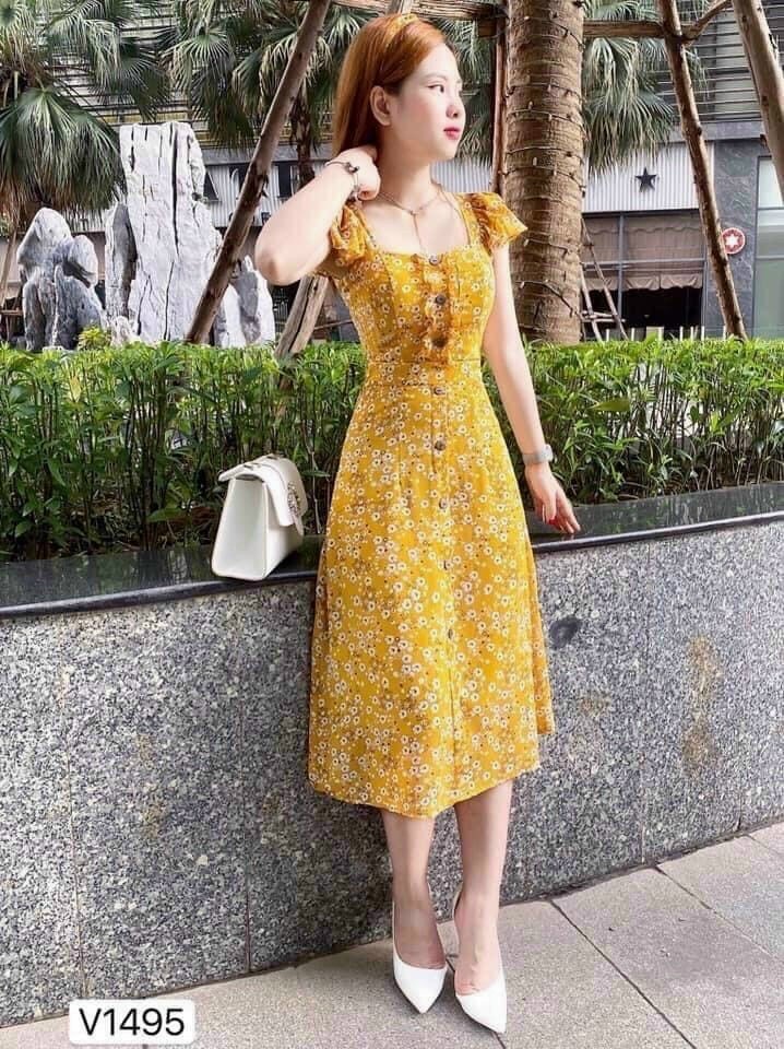 Đầm hoa nhí vải lụa mềm mịn đính cúc xinh lung linh ld22