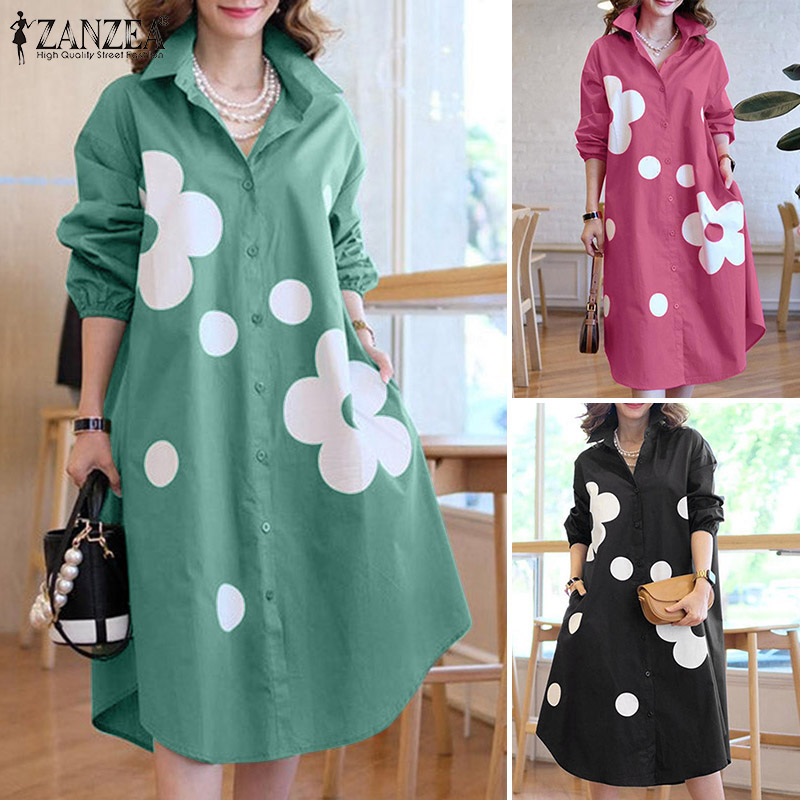 ZANZEA%20Korean%20Style%20Women's%20Dress%20New%20Fashion%20Lantern%20Sleeve%20A-Line%20Shirtdress%20Floral%20Printed%20Midi%20Dresses%20-%20Image%205