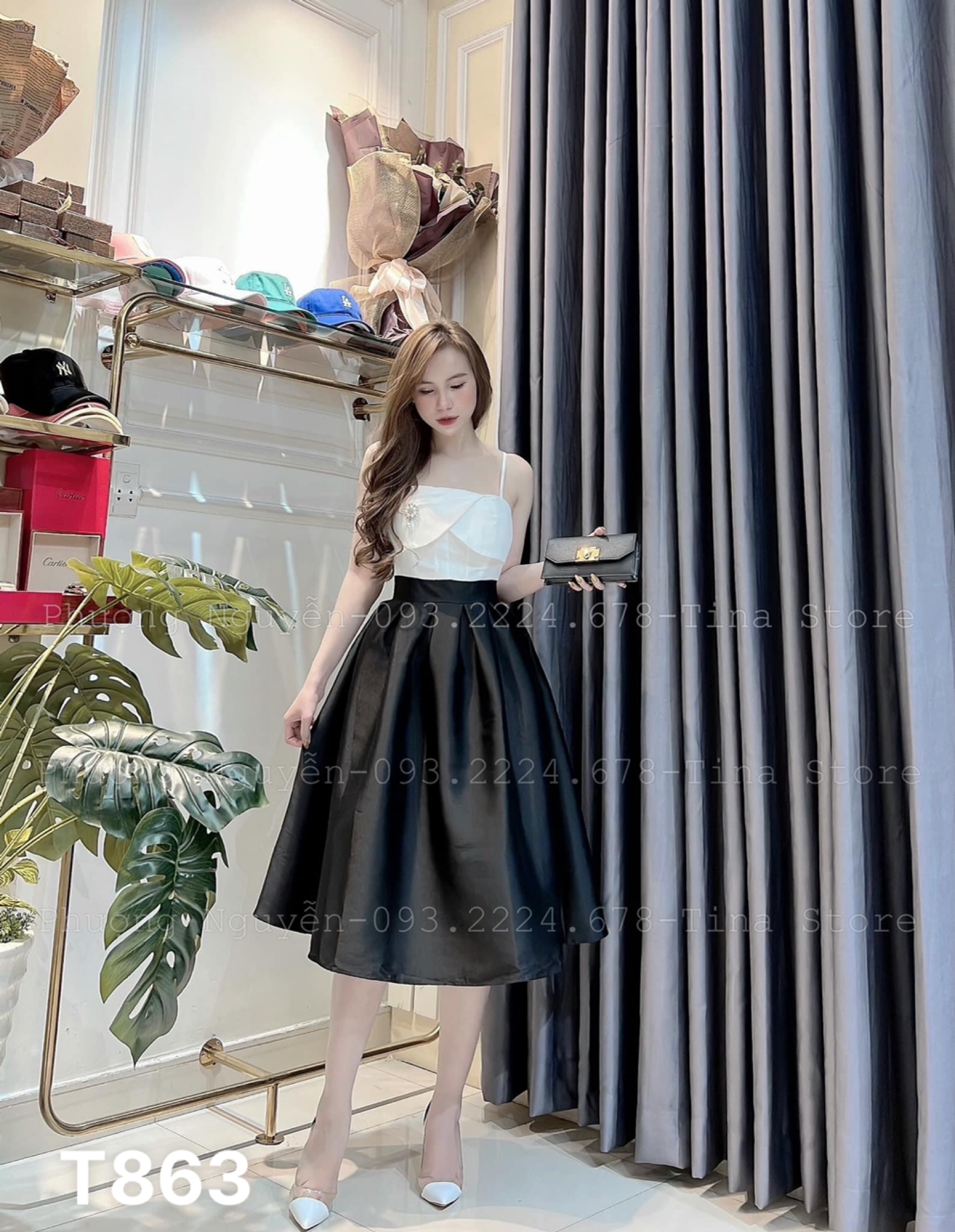 Đầm xoè 2 dây nơ ngực công chúa dự tiệc đám cưới có mút chất liệu gấm tapta T863