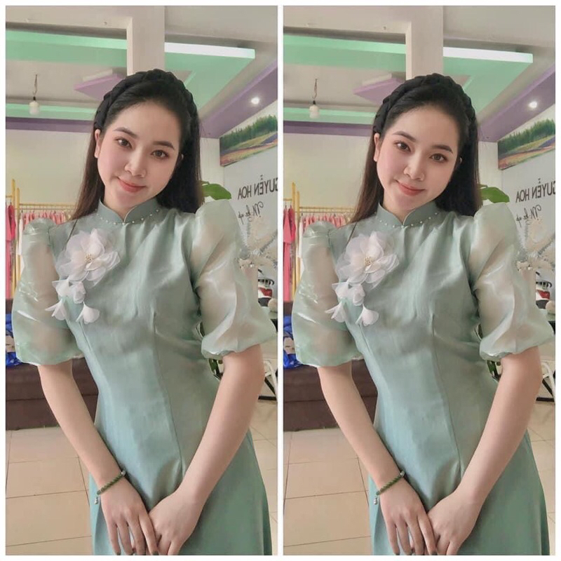 áo dài lụa tây thi, đính hoa, cổ cao, tay bồng.