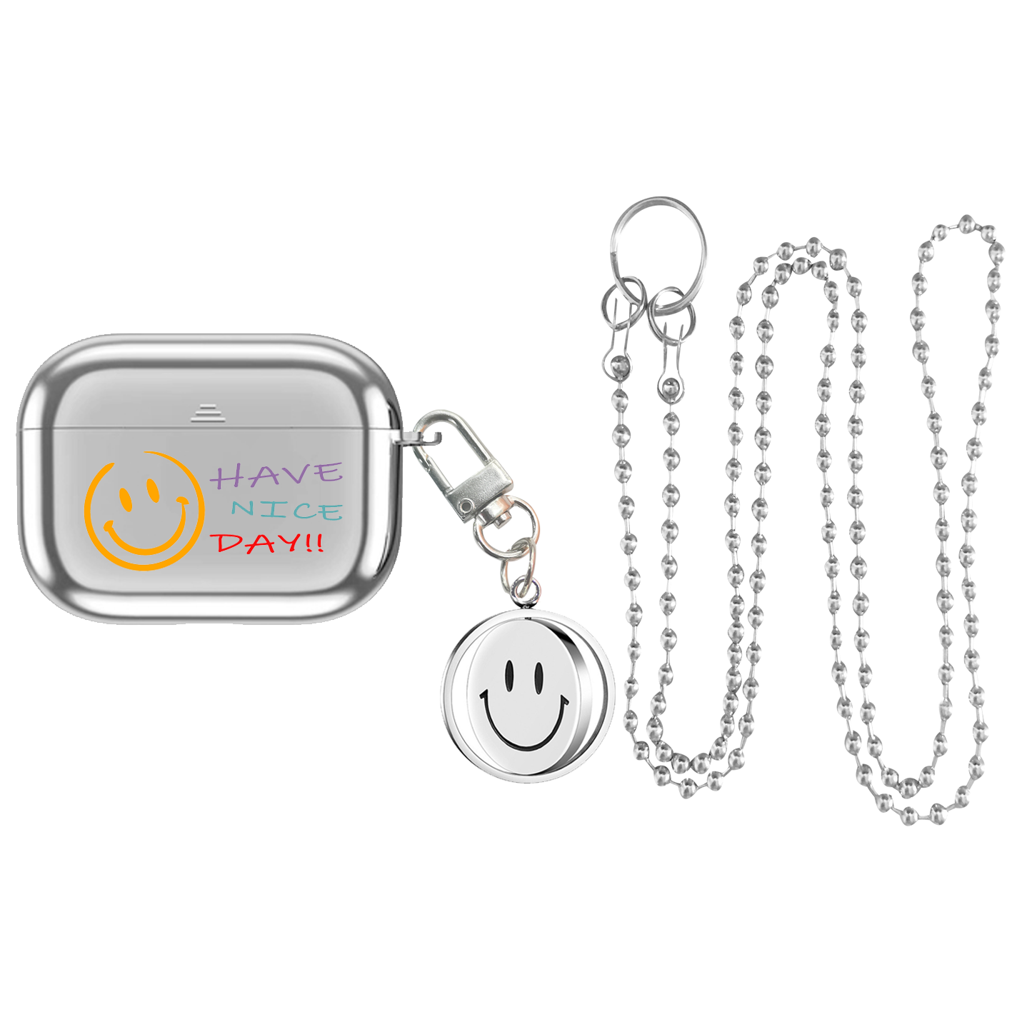 Happy Smile Face Plating Necklace Earphone Necklace Case for Apple AirPods Pro AirPods 1 2 3 New Silicone Soft Cover Headphone Air Pods Casing Pouch Protective AirPod Accessories Silver