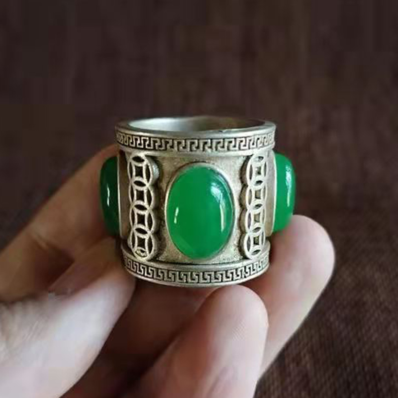 Tibetan silver Thumb ring “The old silversmith inlays emeralds and rubies”style Ring retro national style
