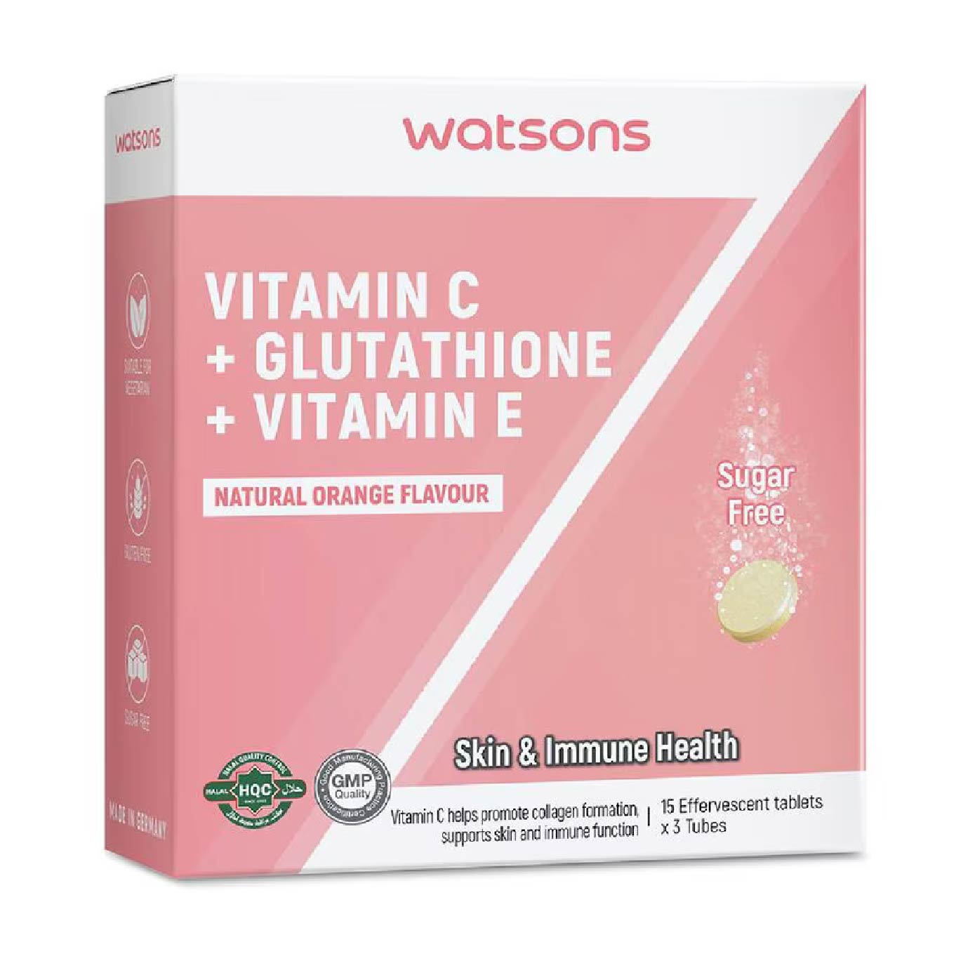 WATSONS Vitamin C + Glutathione + Vitamin E Effervescent Tablet  (Sugar-Free, Skin & Immune Health, Halal-Certified) 15s x 3 Tubes (Expiry:  Feb`2027) | Lazada Singapore