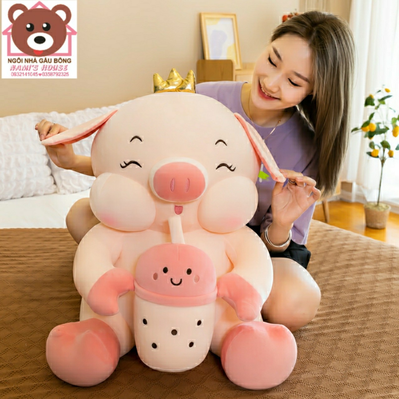 Gấu bông heo ôm bình sữa  - ôm trà sữa