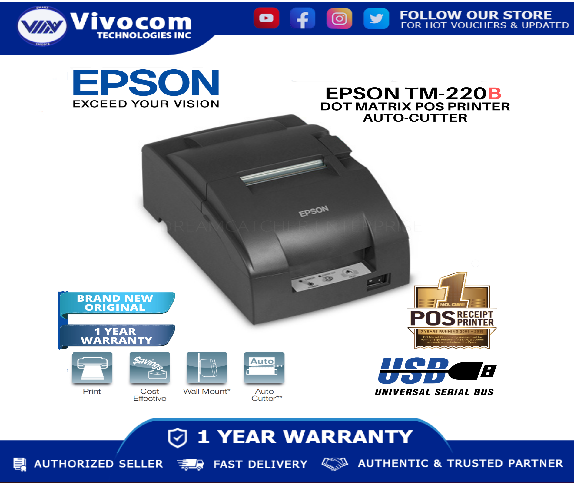 Epson TMU220B Auto Cutter Dot Matrix Printer USB Lazada PH