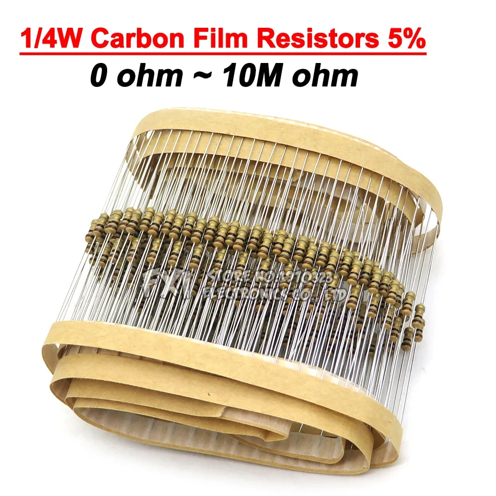 100PCS 1/4W Carbon Film Resistors 5% 1R-10M 10R 47R 100R 220R 1K