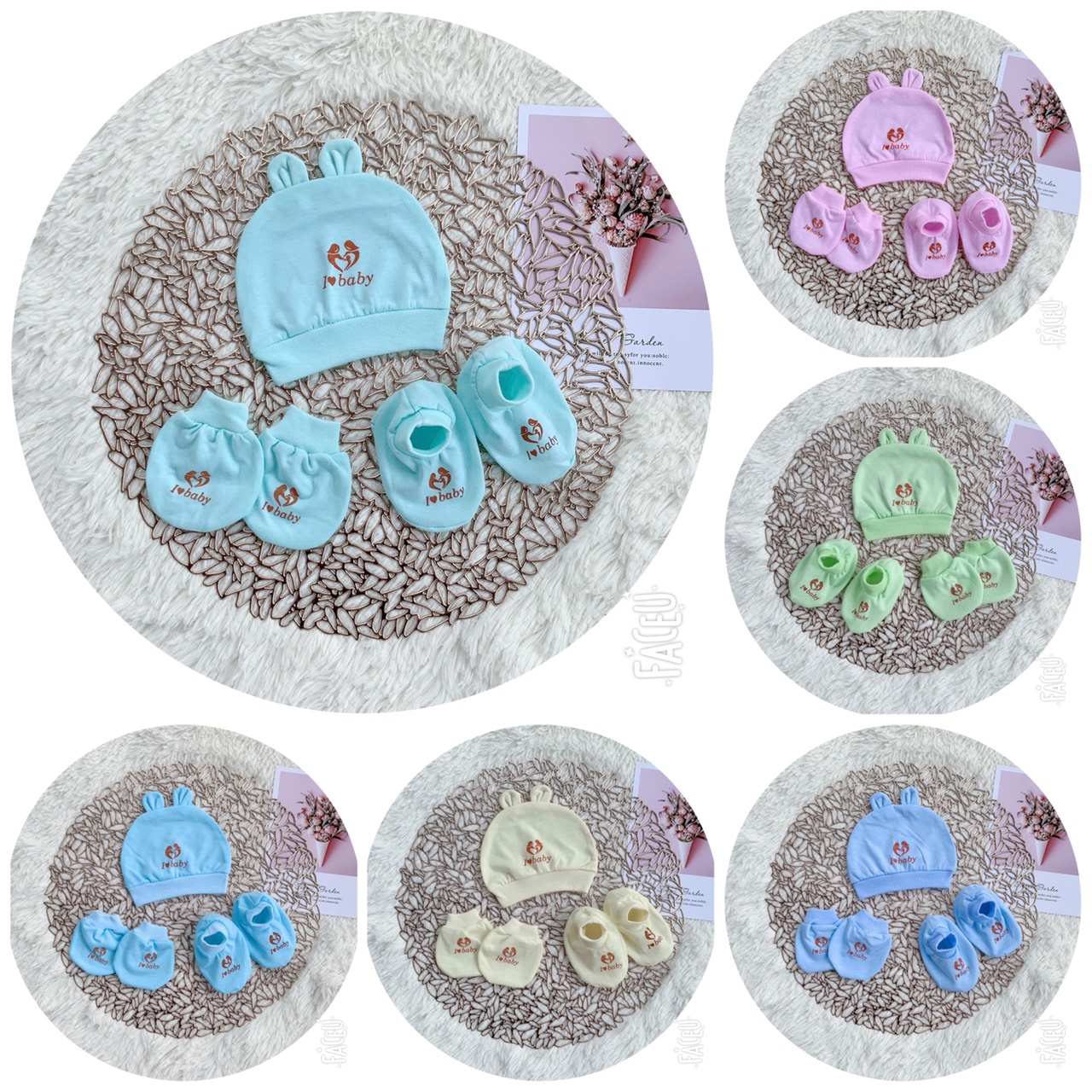 Set mũ tai thỏ & bao tay, bao chân cho bé sơ sinh 0-3 tháng tuổi, hàng Việt Nam