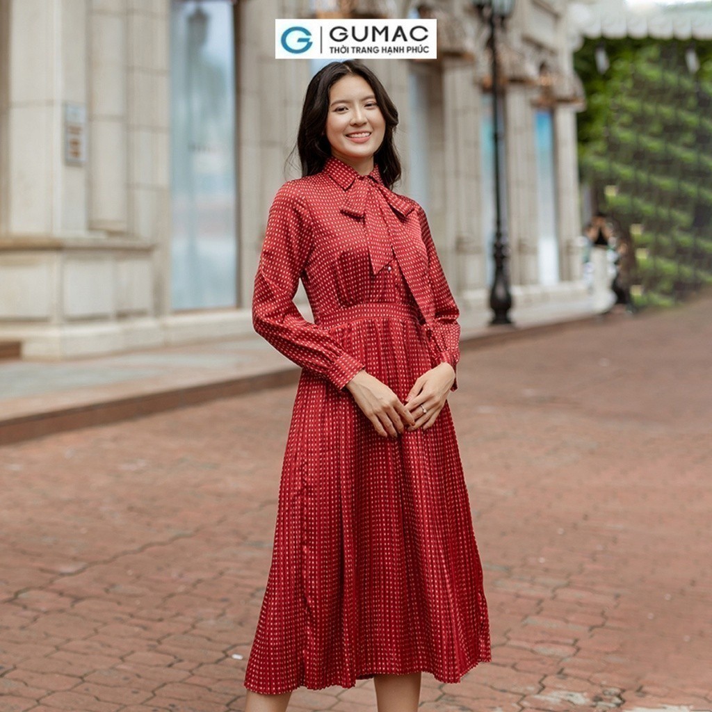Đầm nữ dập ly buộc nơ thời trang GUMAC DD06042