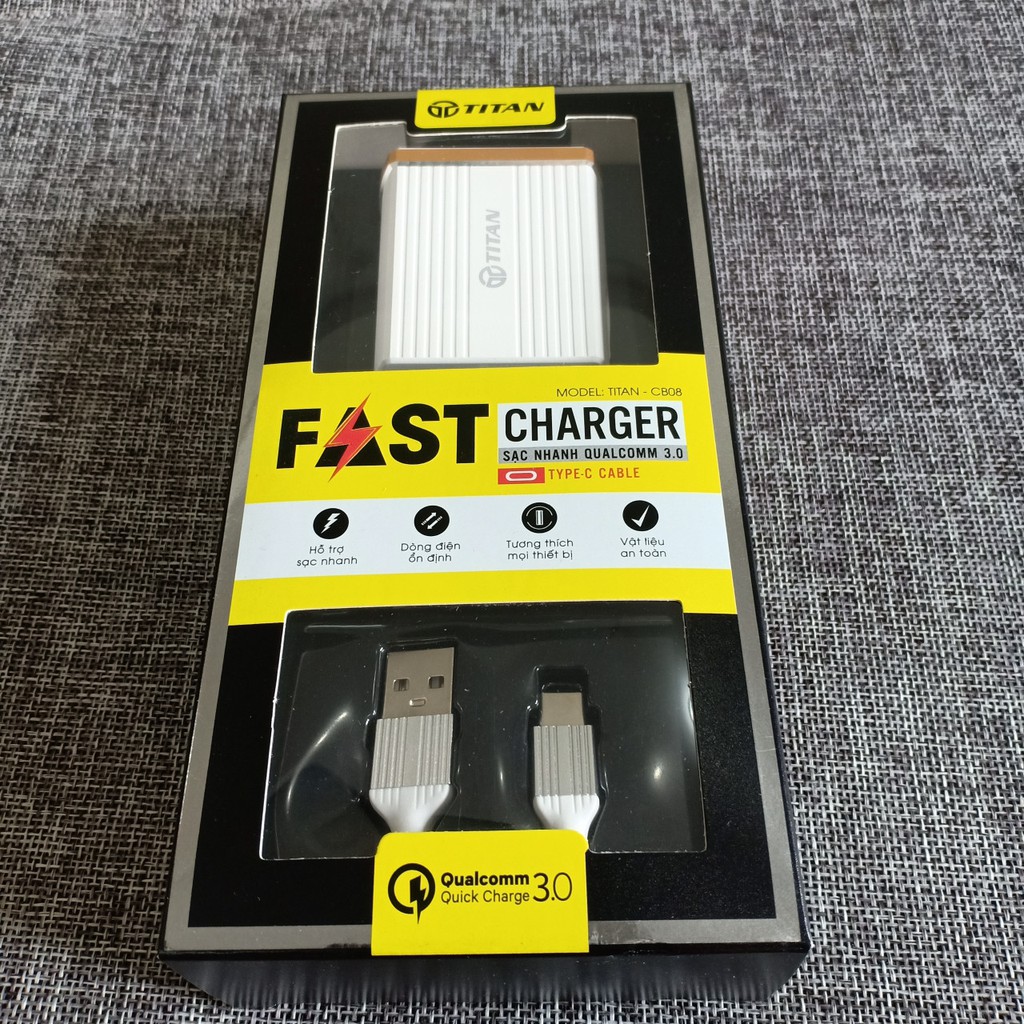 {BẢO HÀNH 1 ĐỔI 1} Bộ sạc nhanh QC.3 TITAN - CB08 chân Type C