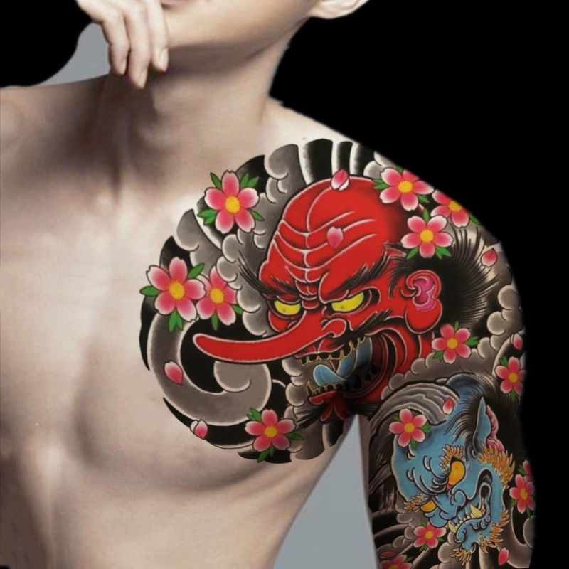Hình xăm trước ngực cánh tay rồng nửa giáp dán không thấm nước lâu dài mô phỏng hình xăm không phản quang dán hai con rồng hí châu cắt đường