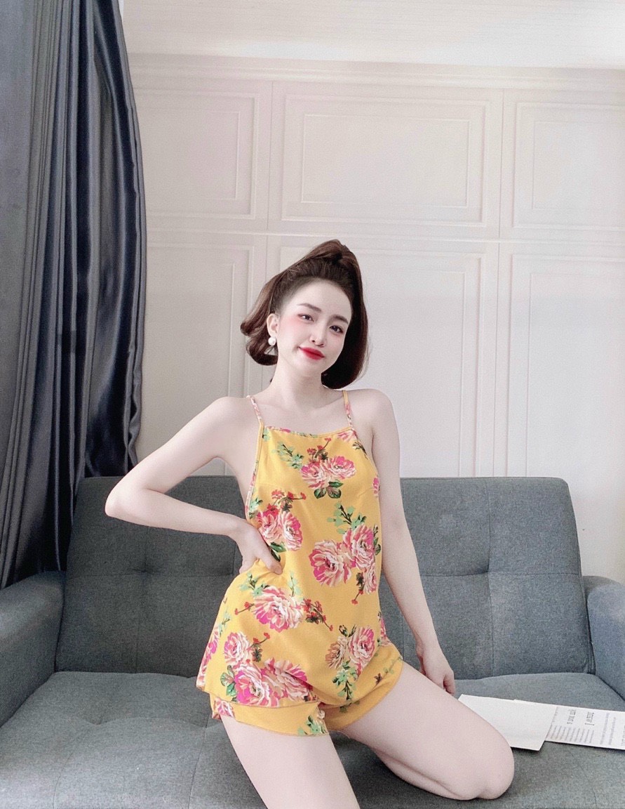 Set Yếm Vải Lụa Hàn Mát Mịn Họa Tiết Dễ Thương,Freesize Dưới 60kg