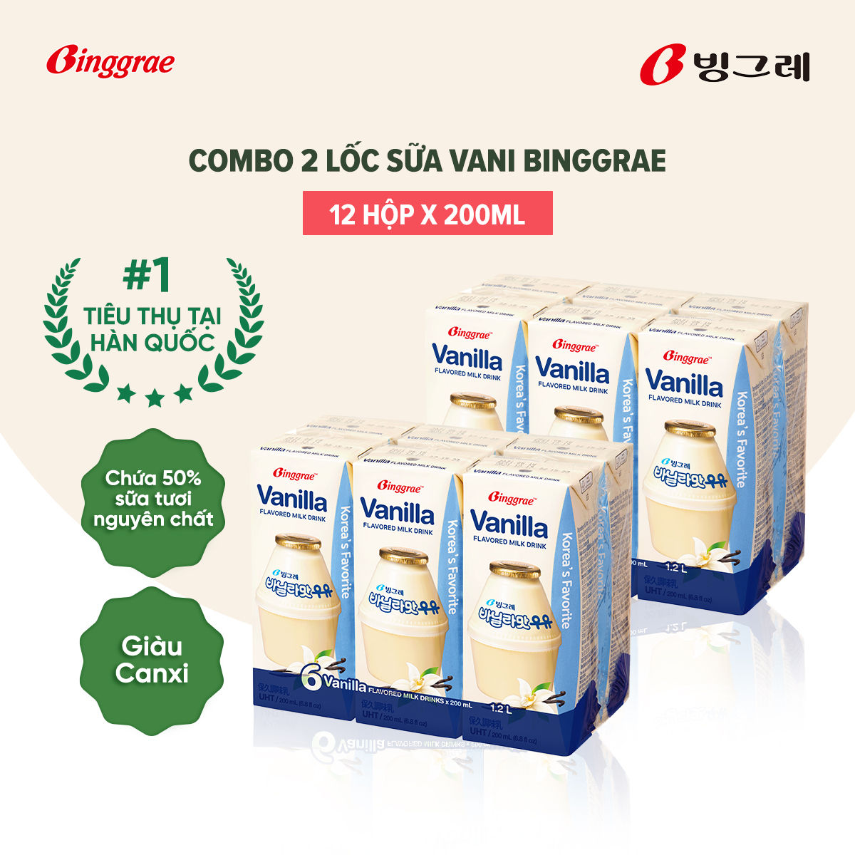Combo 2 lốc sữa Vani Hàn Quốc Binggrae Lốc 6 Hộp x 200ml