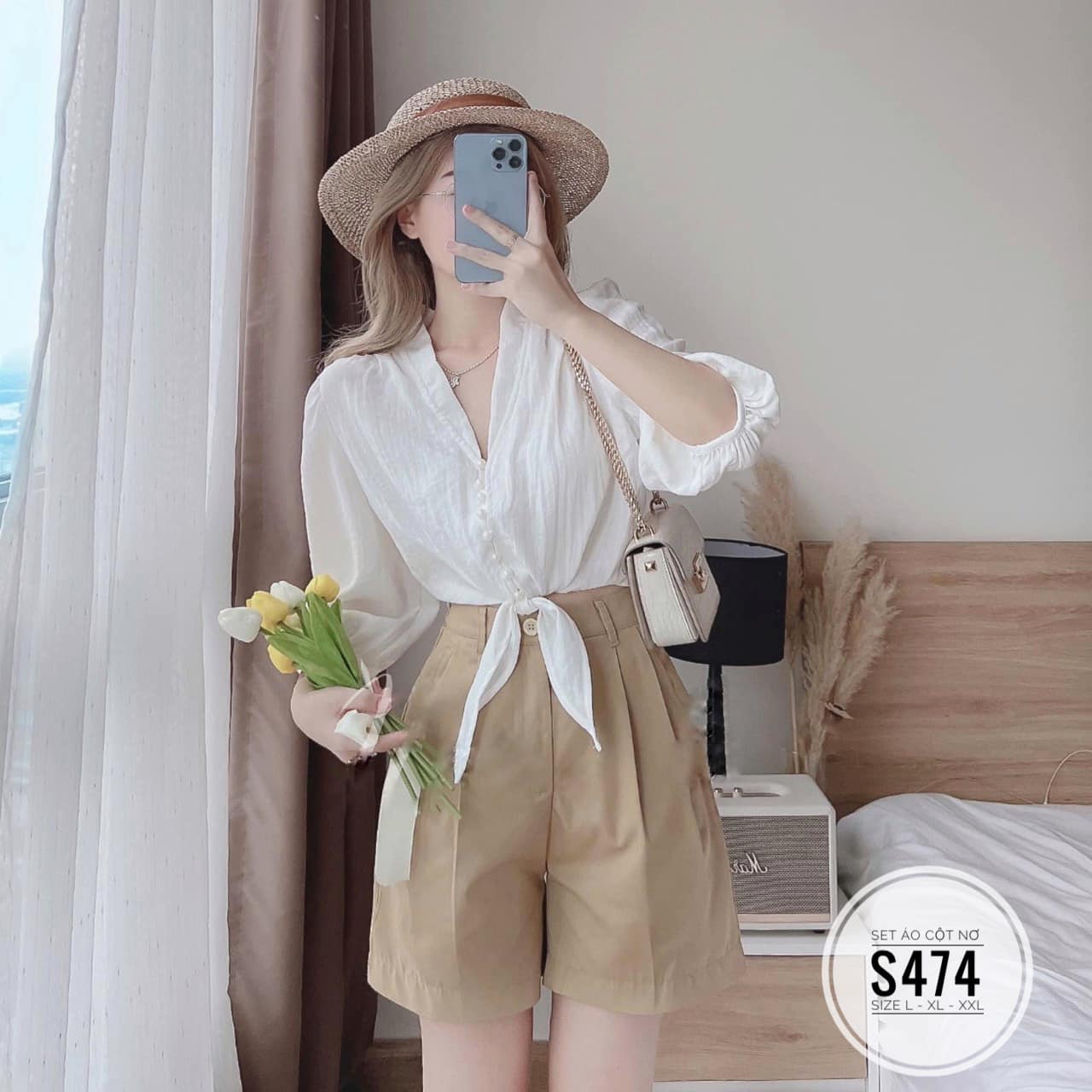 SET BIGSIZE ÁO CỘT NƠ ĐI BIỂN PHỐI QUẦN NGẮN (L-2XL)