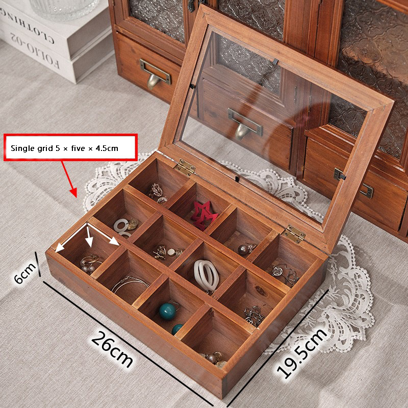 12 Grids Vintage Solid Wood Jewelry Box Storage Box Wooden Jewelry Cultural Play Grid Storage Box Grid Glass Lid Wooden Box