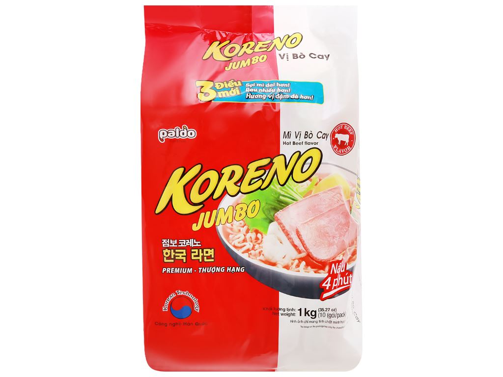 Túi 10 gói mì koreno jumbo vị bò cay 100g