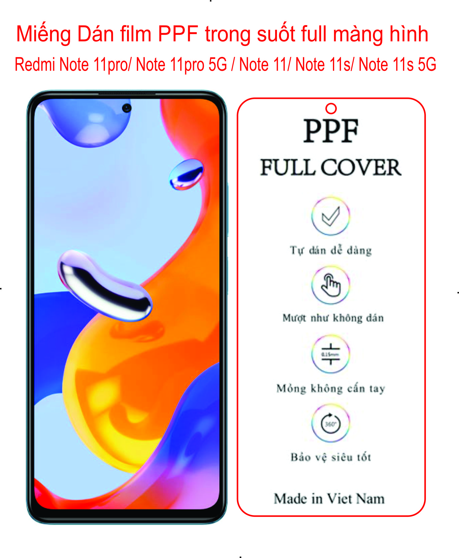 Miếng Dán PPF Full màng Redmi Note 11pro / Note 11pro 5G/ Note 11 / Note 11s/ Note 11s 5G bảo vệ màng hình toàn diện