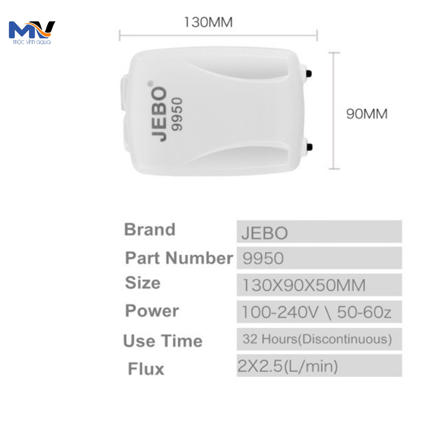 [ Tặng 1m dây và 2 cục sủi ] Máy sủi oxy tích điện Jebo 9950 2 vòi mini siêu êm