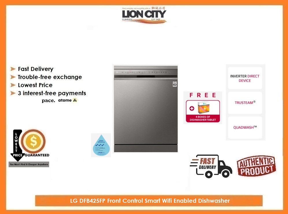 LG DFB425FP Front Control Smart Wifi Enabled Dishwasher with QuadWash