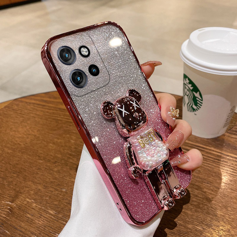For Moto Edge 50 NEO 50 Fusion Pro Case with Cartoon 3D Bear Stand Luxury Slim Gradient Plating Glitter Girls Stylish For Motorola Edge 50 NEO 50 Pro Fusion Back Cover.