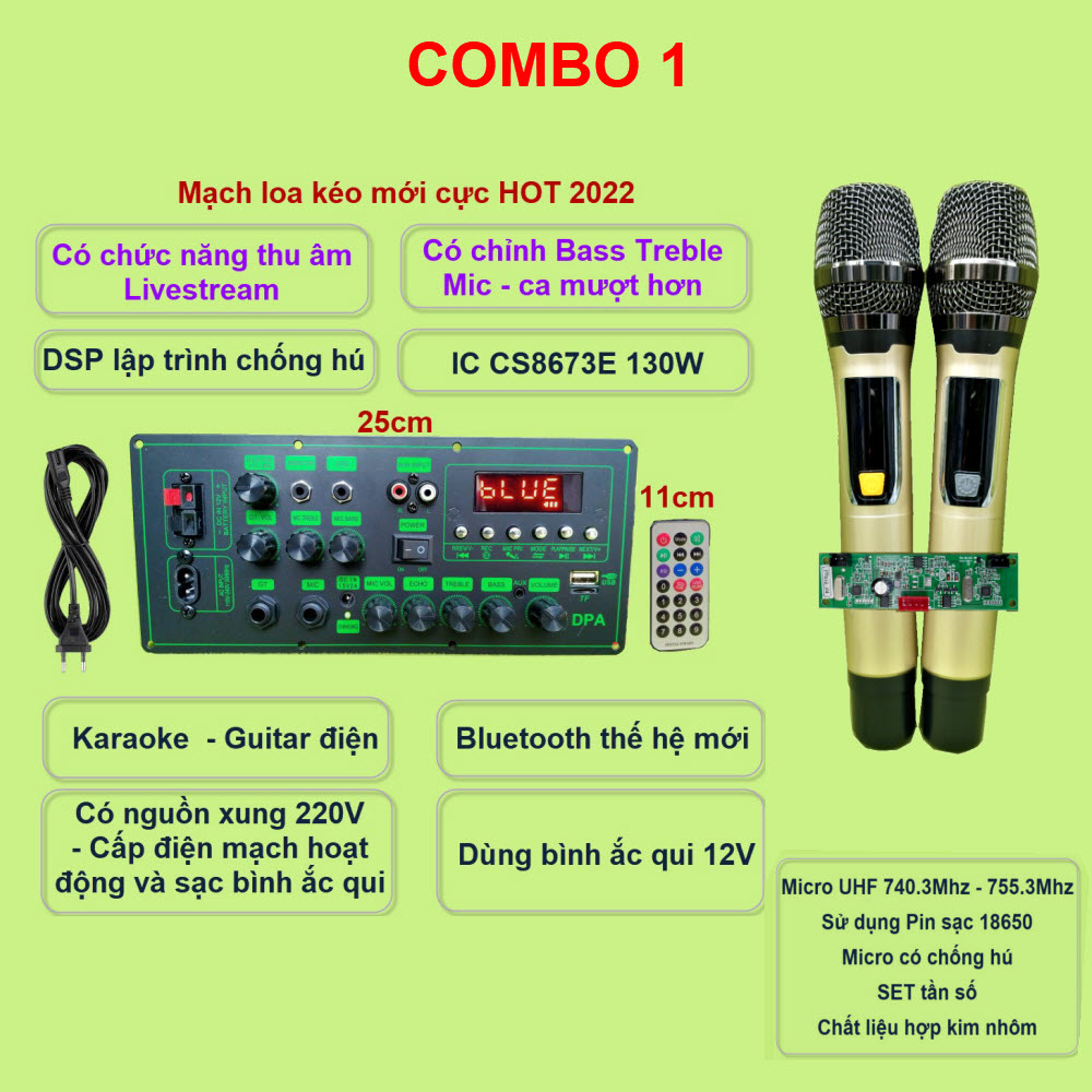 Mạch loa kéo CS8673E 130W, thu âm LIVESTREAM, DSP lập trình chống hú có chỉnh Bass Treble Micro, nguồn xung 220V Kèm micro