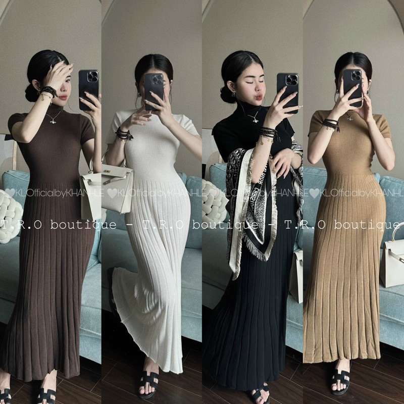 AA18-Đầm len xếp ly mỏng dáng dài tay cộc có cổ (ảnh thật)