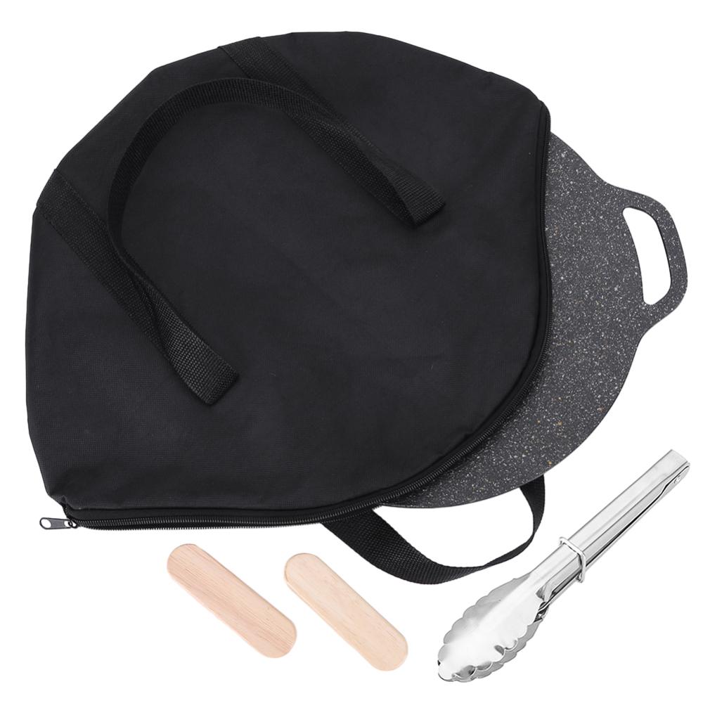 Multi-Purpose BBQ Flat Pancake Pot with Storage Bag & Wooden Handle & Food Clip Round Grilling Pan Outdoor Cooking Tool