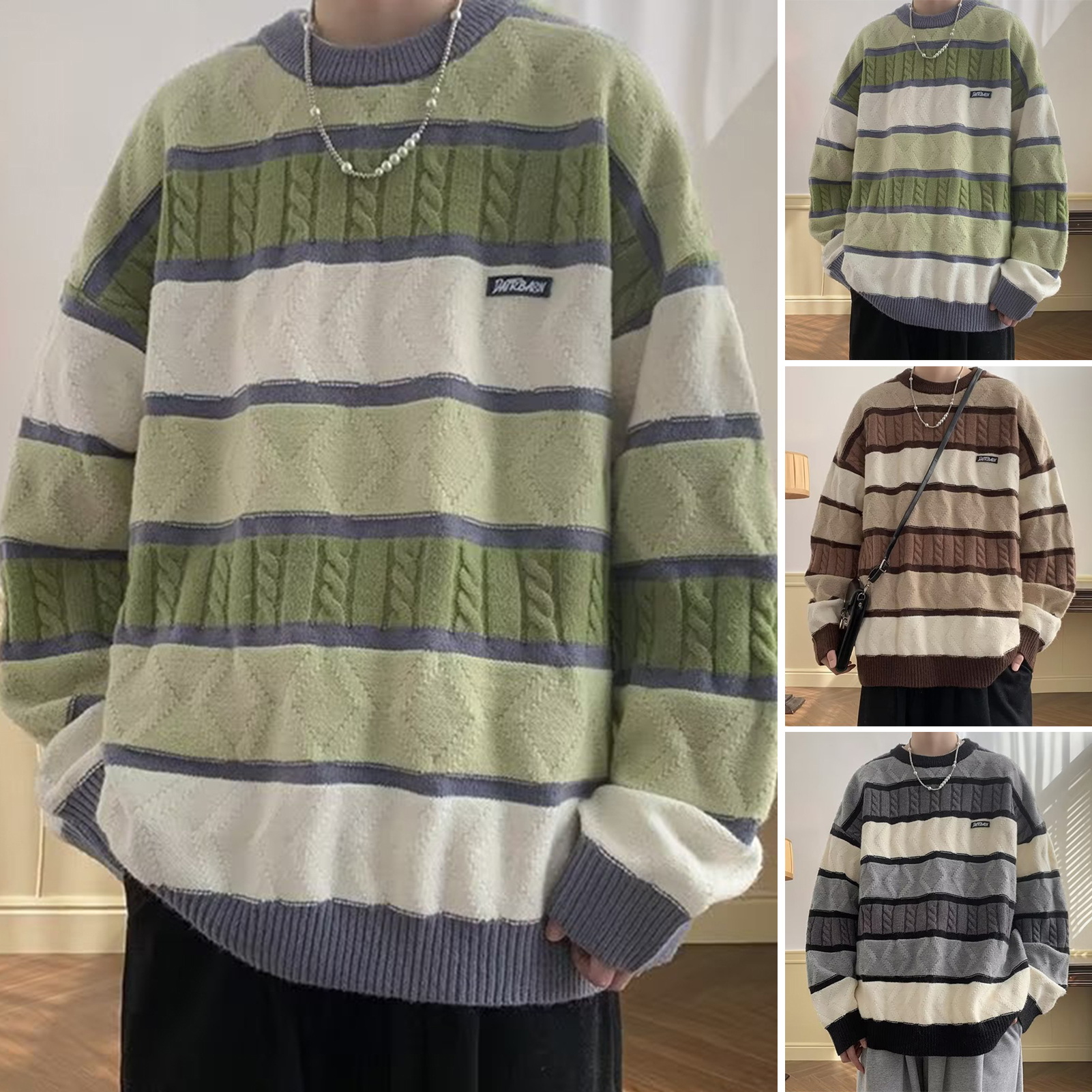 Men Sweater O-neck Knitting Pullover Men's Thick Striped Sweater Casual Winter Pullover with O-neck and Long Sleeves less Than