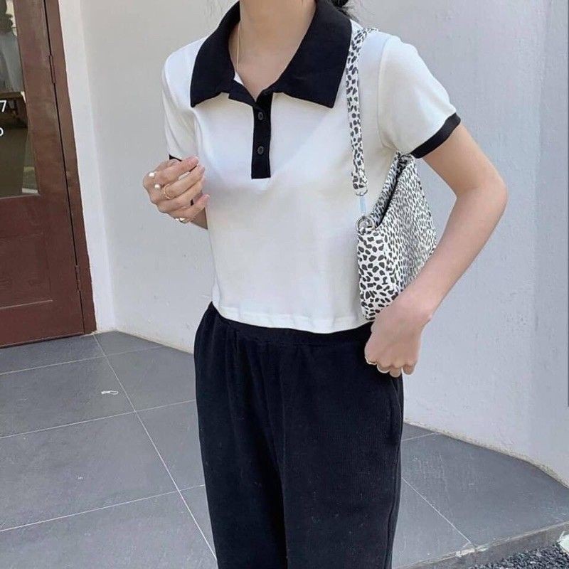 Áo Croptop nữ Cổ Bẻ Áo Thun Polo Basic Cơ Bản Trắng Đen Phối Cổ