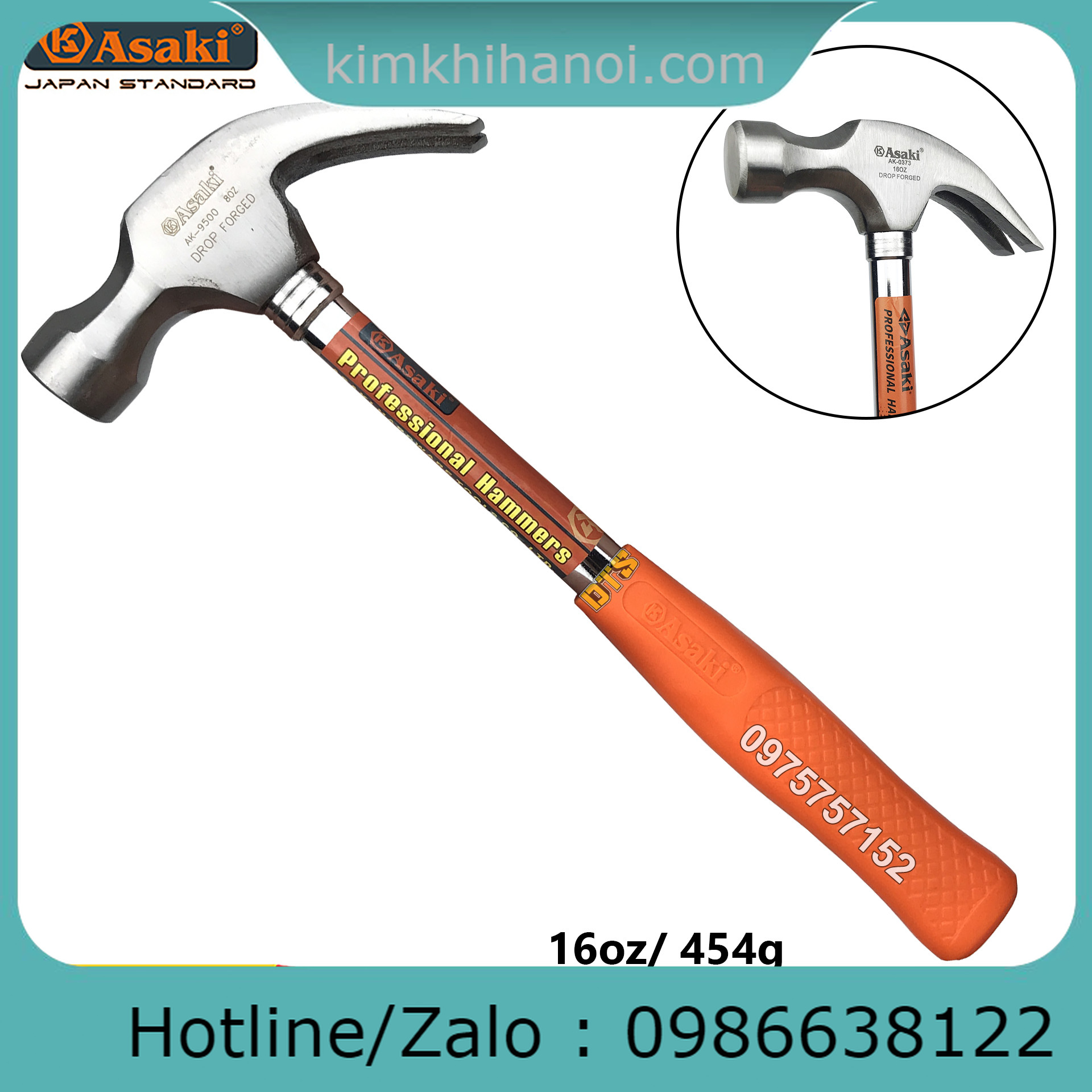Búa sừng dê, búa nhổ đinh cán thép cứng 16oz/ 454g Asaki AK-0373 – Búa đóng đinh đầu tròn thép siêu cứng kim khí đức nguyên