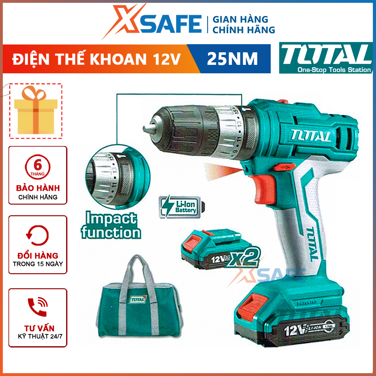 Shooting machine screw use battery 12V total TIDLI1222 with hammer, force the rotational torque maximum 25nm, hydraulic hammer maximum 0-5500/0-20000bpm, salamanders mechanical 2 speed, drill head automatic buckle, hammer drill machine 2 battery