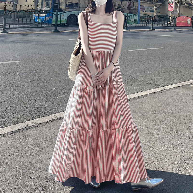 ZANZEA Korean Style Womens Holiday Casual Maxi Cami Dresses Streetwear  Square Collar Stripe Suspender Dress | Daraz.lk