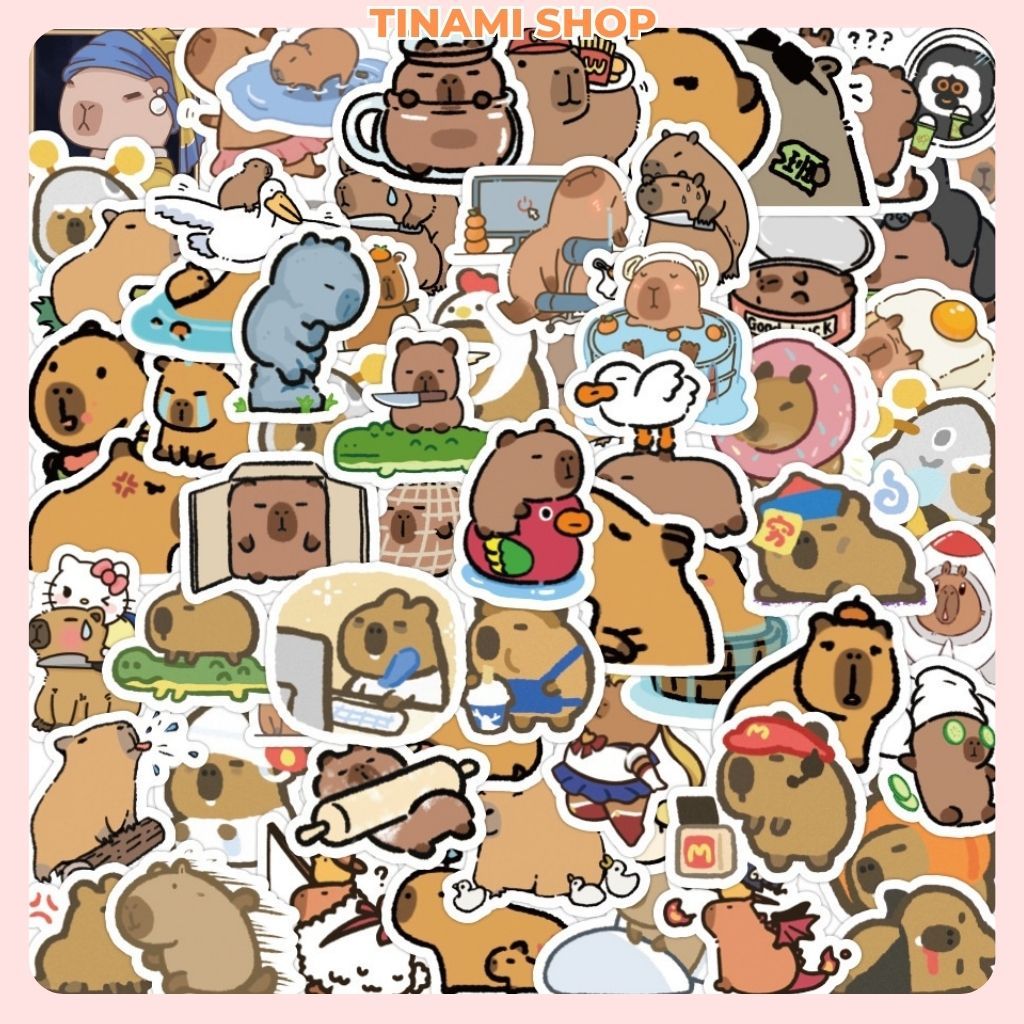 Set 100 sticker capybara hình dán chuột lang nước dễ thương hài hước trang trí sổ điện thoại laptop