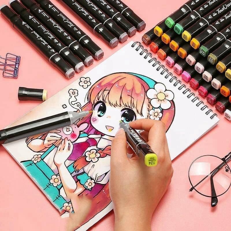 Bộ bút màu dạ cồn 48 cây đủ màu sắc chuyên vẽ hoạt hình Manga và phong cảnh  cực đẹp kèm túi đựng bằng vải - Bộ màu vẽ 2 đầu cho