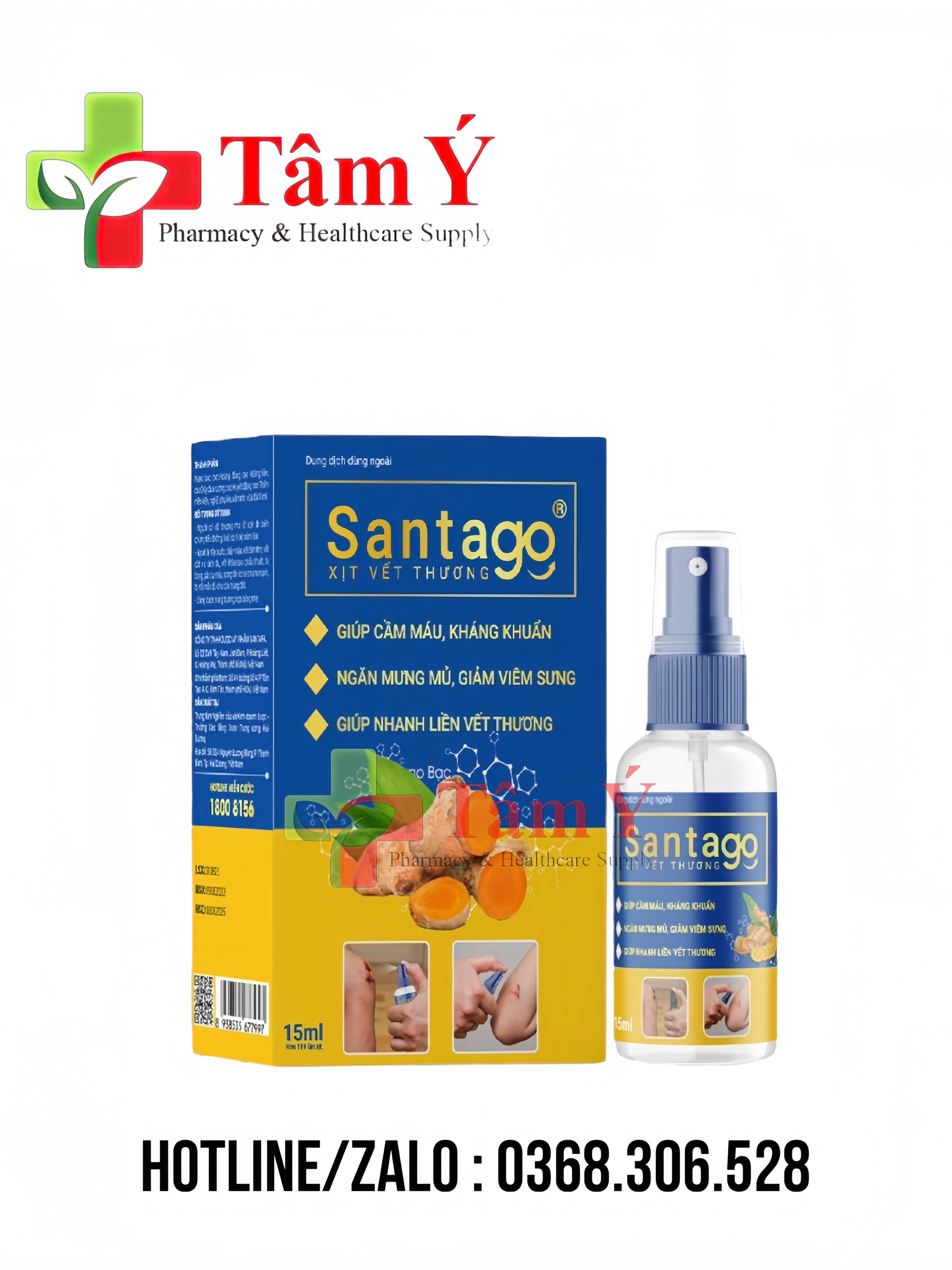 Dung dịch xịt vết thương SANTAGO giúp cầm máu, kháng khuẩn, giảm sưng viêm vết thương an toàn - Chai 15ml