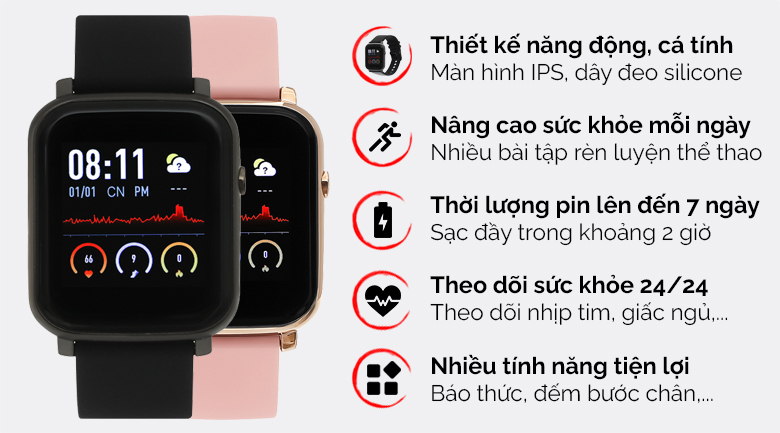 Đồng hồ thông minh BeU B1 Đen - hồng