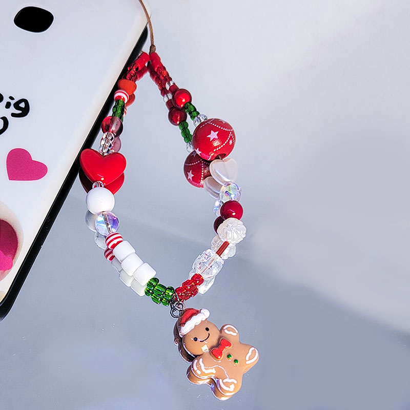 Christmas Mobile Phone Charm Strap Chain Lanyard Cute Red Blue Wood Acrylic Bead Jewelry Women Girl Wristlet Keychain Gifts. 