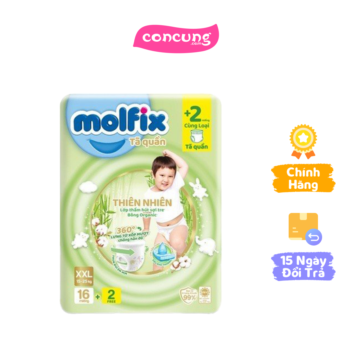 QT Molfix_Tã quần Molfix Thiên Nhiên (XXL, 16 miếng) + 2 miếng