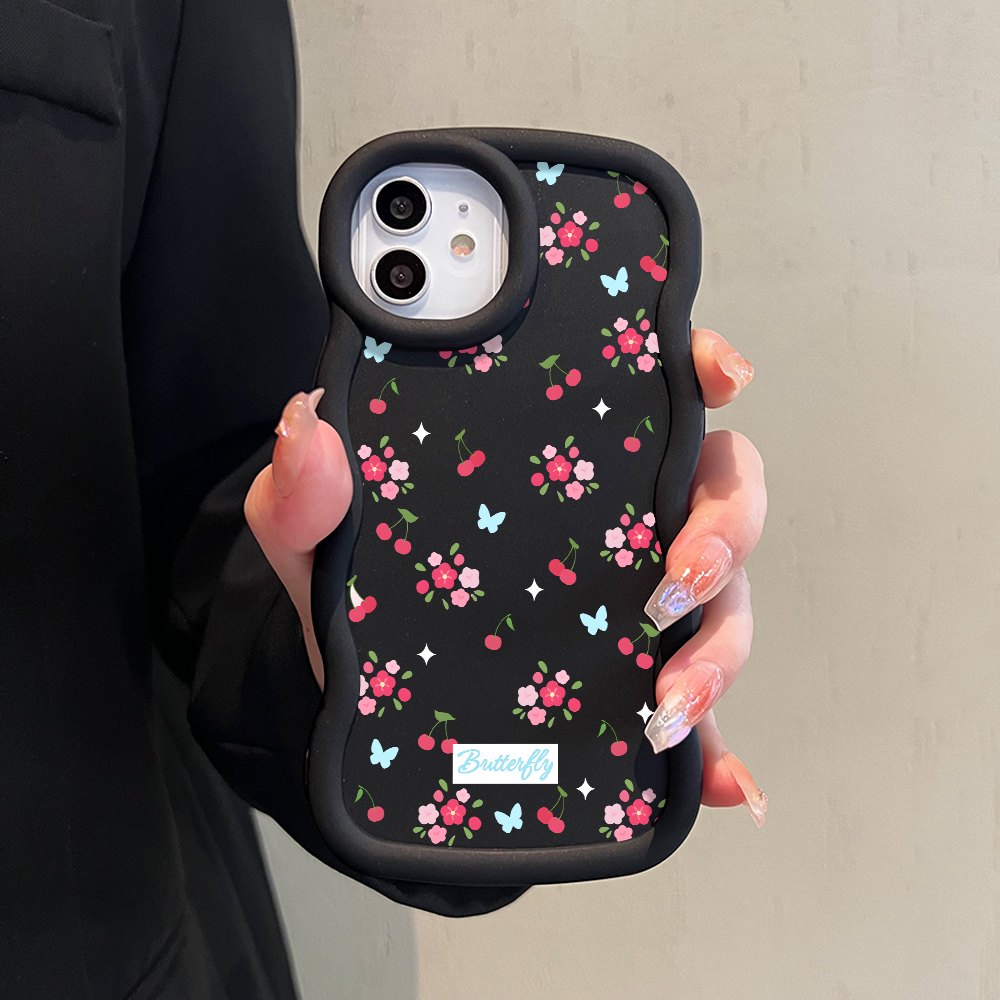TA for Infinix Smart 7 Tecno Spark Go 2023 Pop 7 Pro Back Cover Macaron Wave Soft Silicone Mobile Phone Cover Cherries and Flowers Pattern Case. 