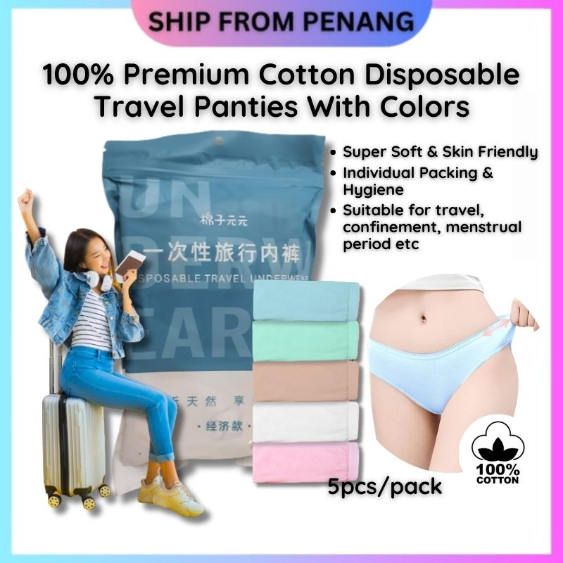 Disposable Panties Cotton 一次性內褲女 Panties Pakai Buang Seluar Dalam Wanita  Pakai Buang Color 100% Premium Cotton 5pcs/pack