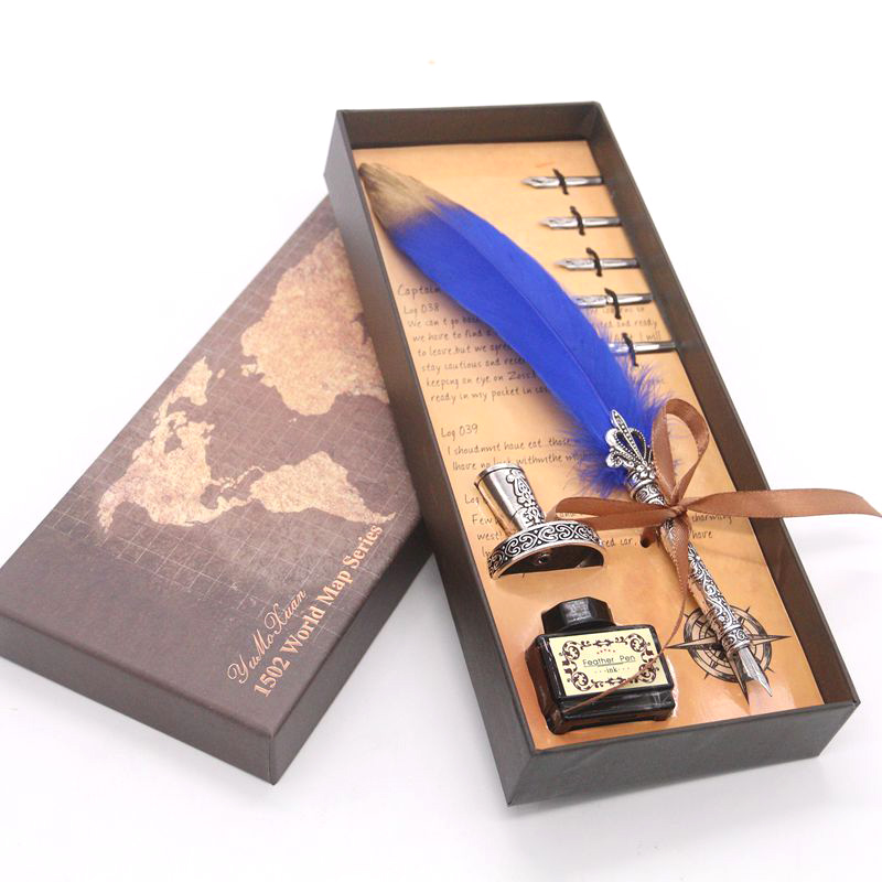 Retro Vintage Calligraphy Feather Dip Pen Writing Ink Set Quill ...