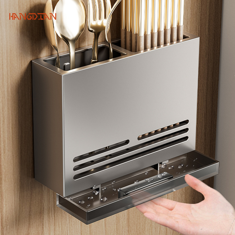 HANGDIAN  【Miễn phí vận chuyển】Đũa Giá để giỏ Bộ đồ ăn gắn tường bếp không đục lỗ muỗng Giỏ đựng đũa túi đựng công cụ hộp trữ ráo nước gia dụng