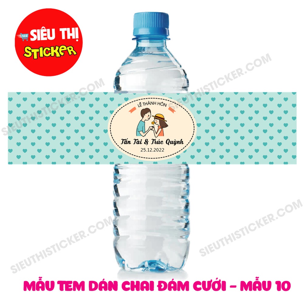 Combo 10 Tem nhãn dán chai nước suối đám cưới (có đổi tên theo yêu cầu)