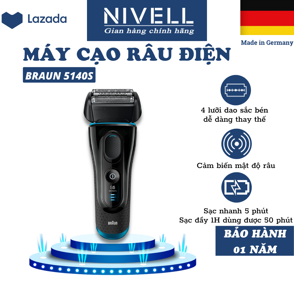 Braun Series 5 5140s Mens Electric Foil Shaver Wet and Dry Pop Up Precision Trimmer Rechargeable and Cordless Razor Black/ Blue, Bathroom 2 pin plug