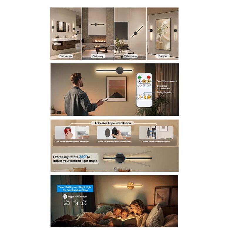 Rechargeable Battery Powered LED Wall Light USB Type-C Charging Lamp ...