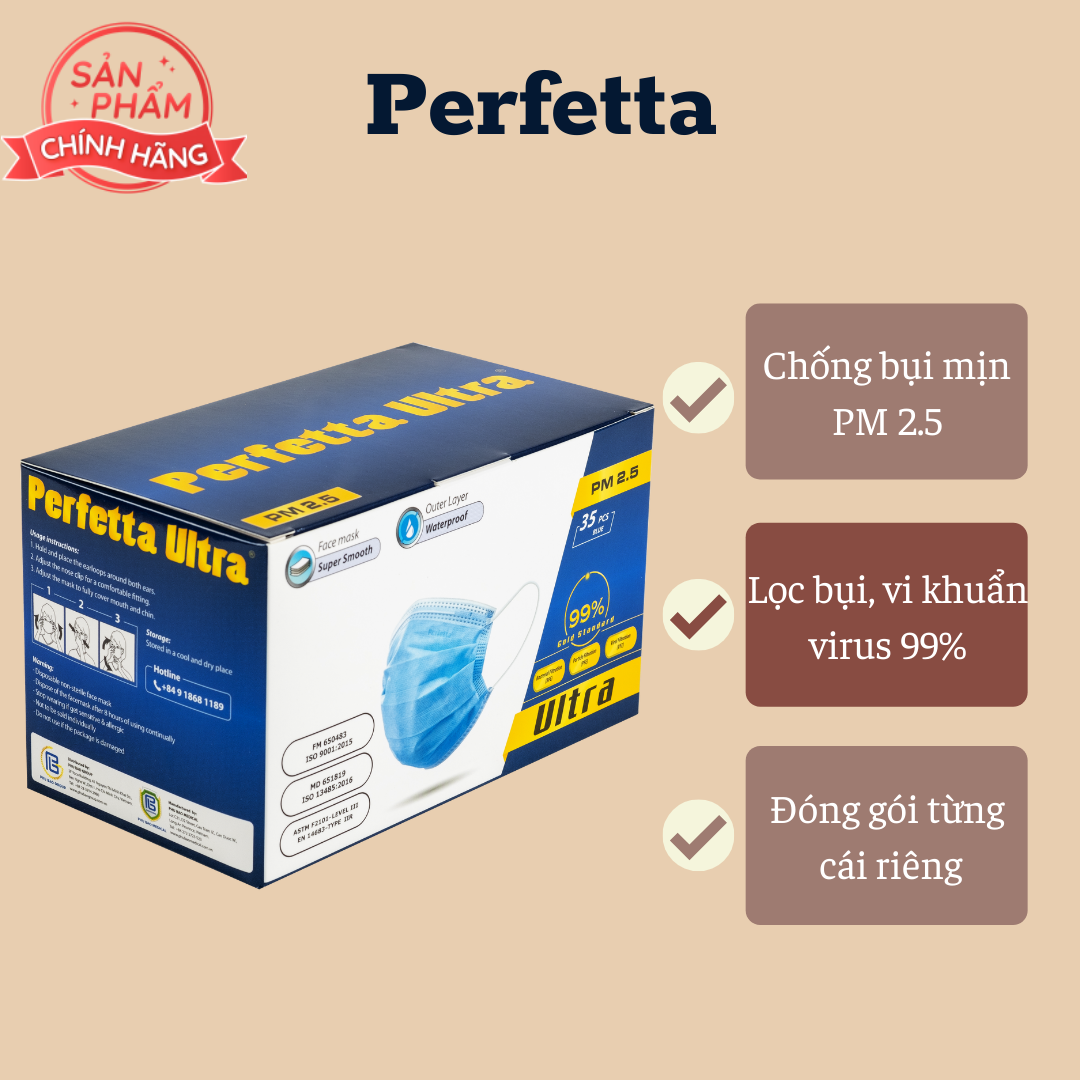 [HCM]Khẩu trang y tế 4 lớp Perfetta Ultra Xanh (35 CÁI /Hộp)
