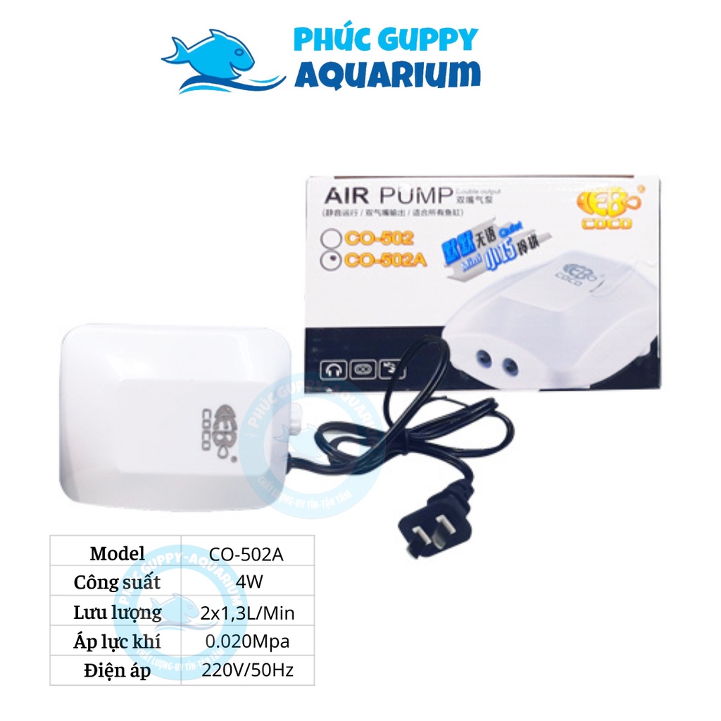 Máy sủi oxy 2 vòi siêu êm coco co-502 | máy sủi khí cho bể cá