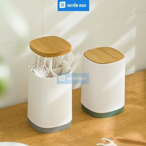 Lọ hộp đựng tăm nắp gỗ nhấn