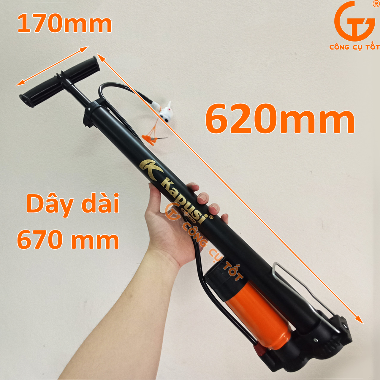 Bơm xe tay cao cấp Kapusi có Đồng hồ đo áp suất, van bơm có đầu gài tiện lợi cho xe máy và xe đạp