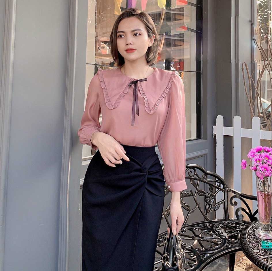 Áo sơ mi nơ đen công sở nữ mềm mát trẻ trung