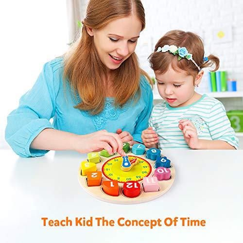 Teaching Time Number Blocks Puzzle Stacking Sorter Jigsaw Montessori Early Learning Educational Toy Gift for 1 2 3 Year Old Toddler Baby Kids Coogam Wooden Shape Color Sorting Clock